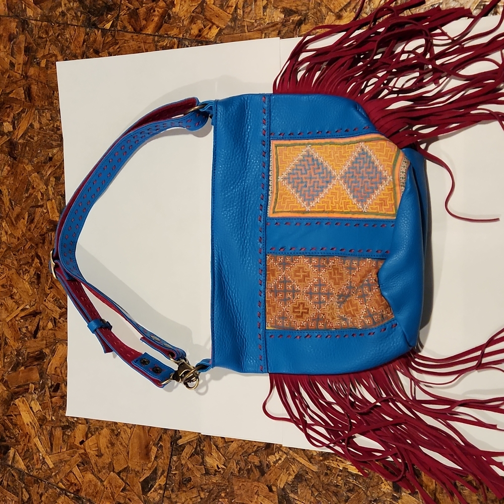 Leather Saddle Bag w Fuscia Fringe Crossbody Cowgirl Stampede